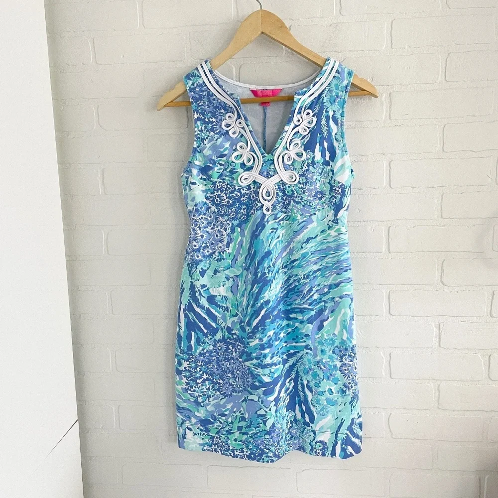 Lilly Pulitzer Vintage Mini Dress Blue Green Daisy Water Print Embroidered Sz XS - Picture 2 of 14